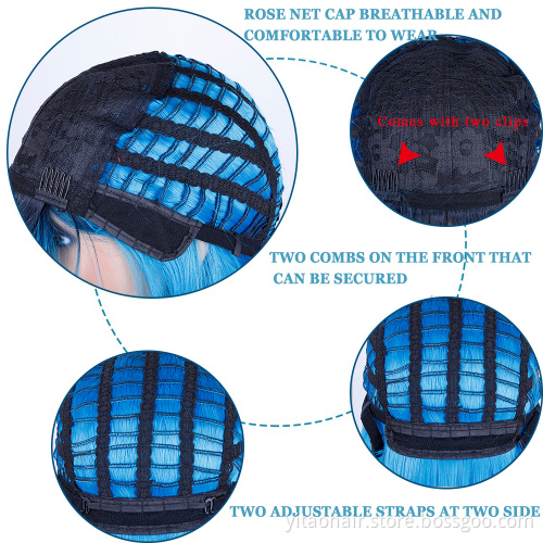 Wholesale Ombre Blue Wavy Wig with Flat Bangs 14" Synthetic Natural Hair Heat Resistant Fiber Cosplay Wig for Women Color Ombre